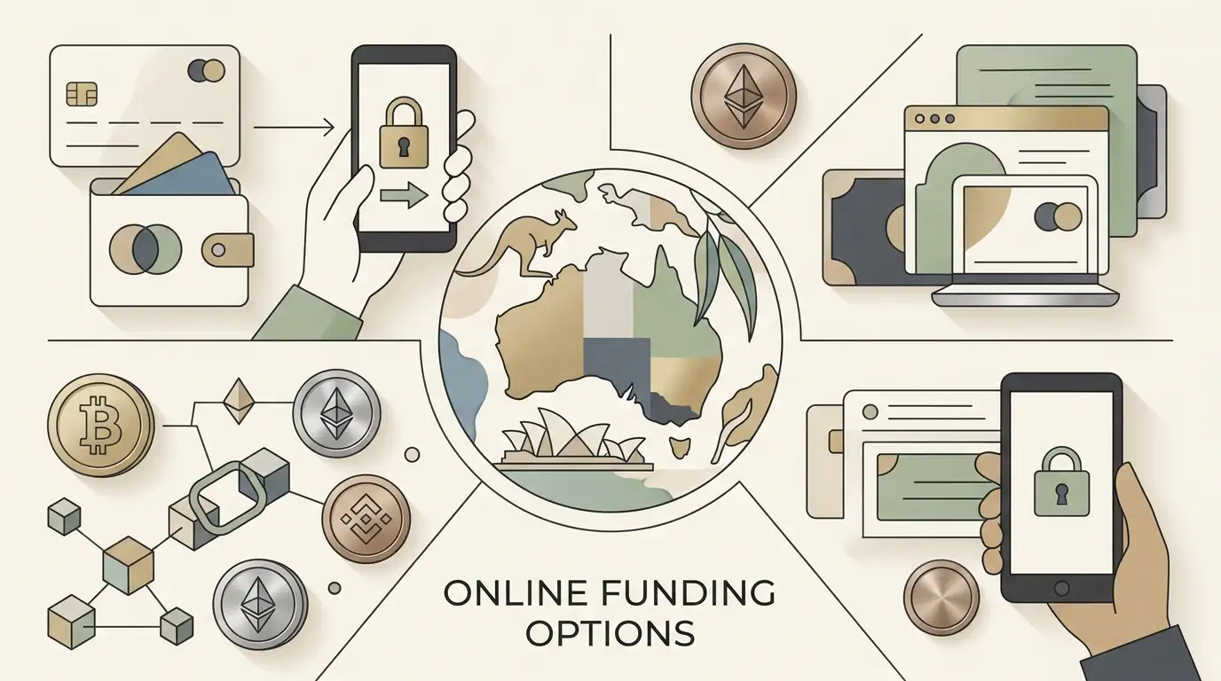 Conceptual illustration of payment cards, e-wallet and cryptocurrency symbols around an Australian dollar wallet