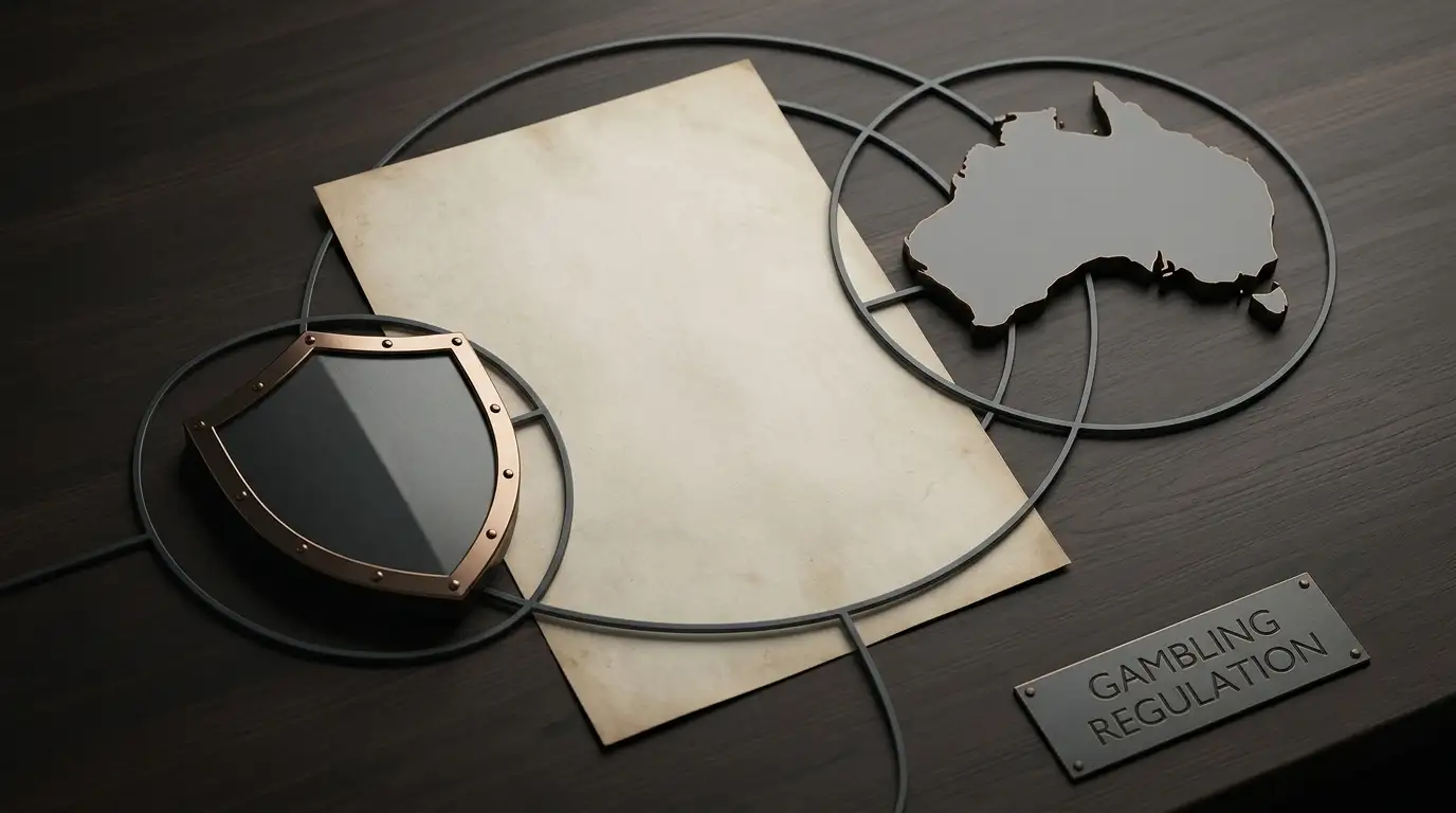 Editorial illustration of a document, protective shield and Australian map shape representing regulatory context