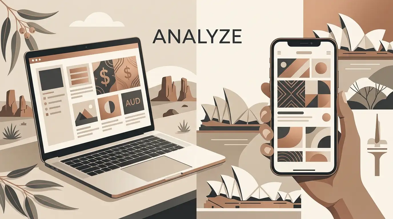Editorial illustration of desktop and mobile casino browsing with neutral Australian visual cues