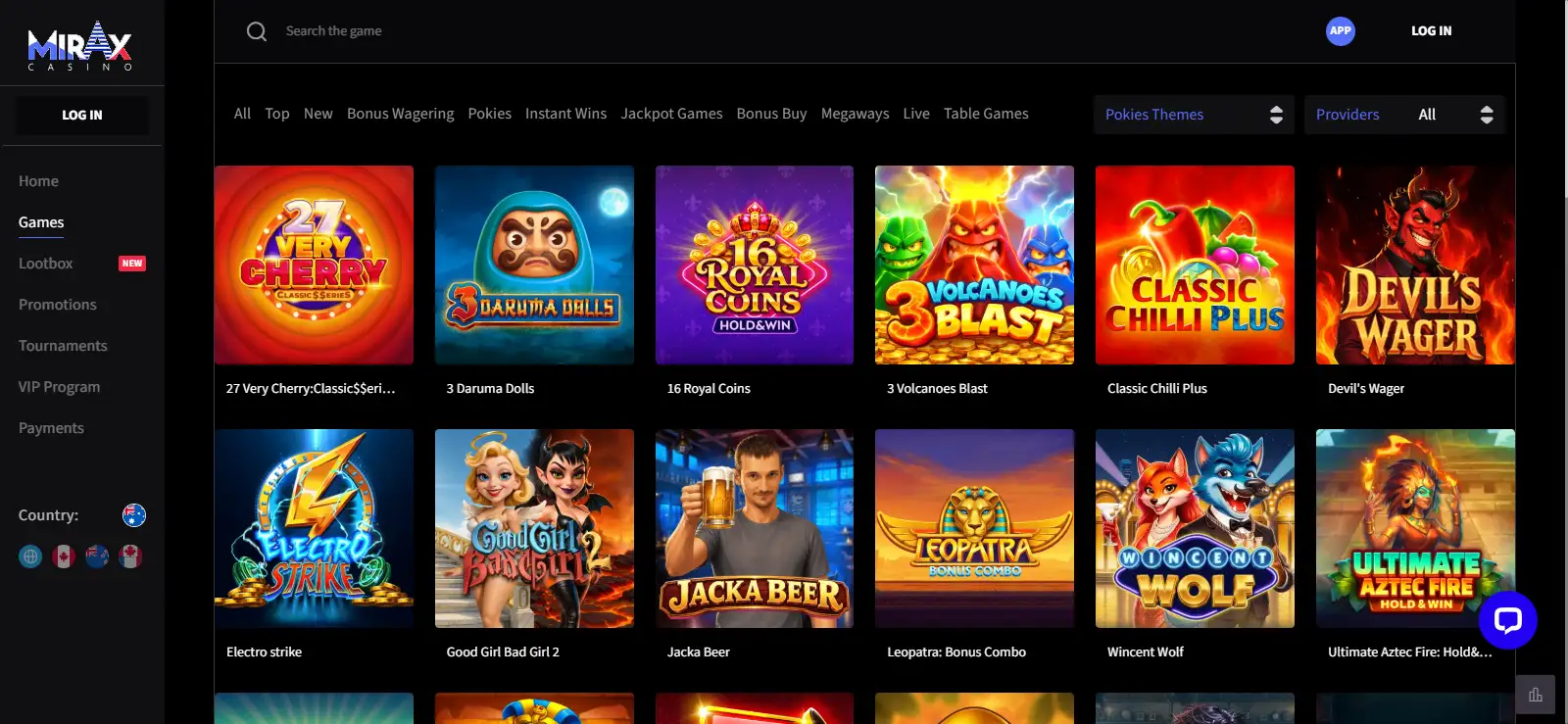 Mirax Casino games lobby showing game categories and provider tiles