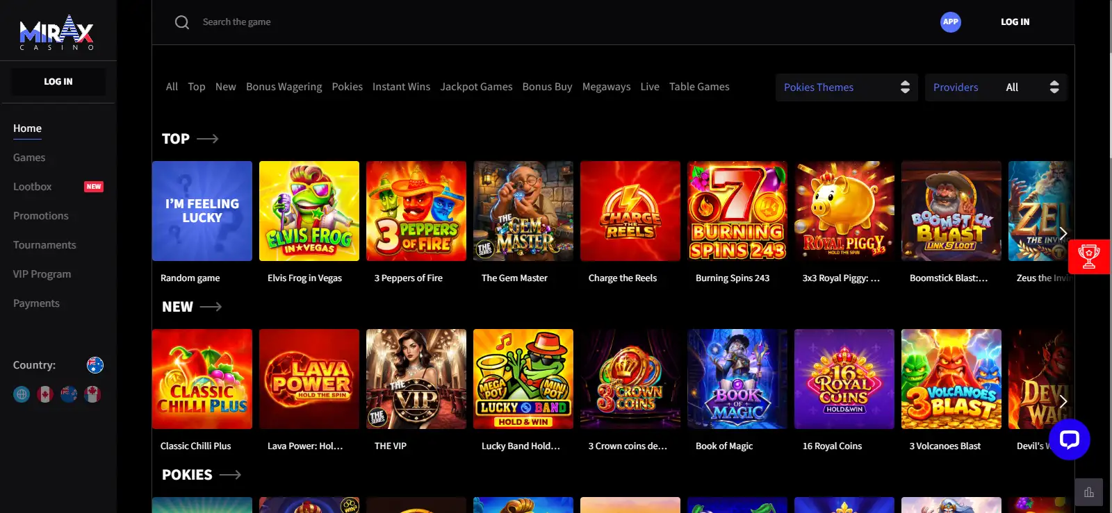 Mirax Casino homepage and main navigation