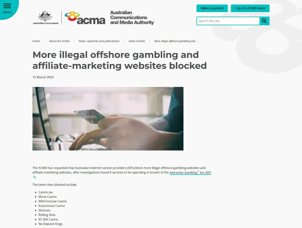 ACMA regulator page showing Mirax Casino in a March 2023 website-blocking notice