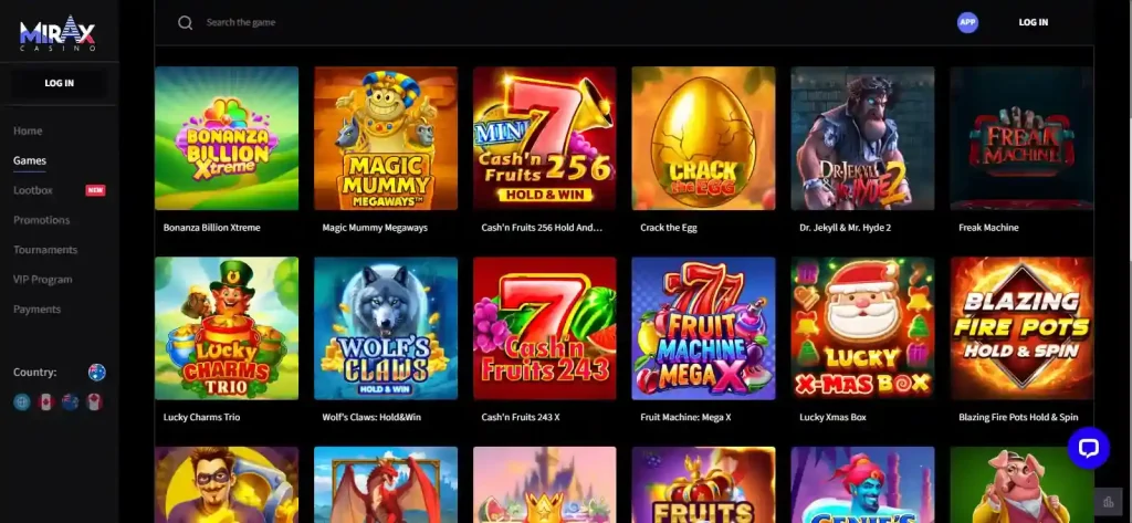 Current Mirax game lobby with casino categories and provider filters