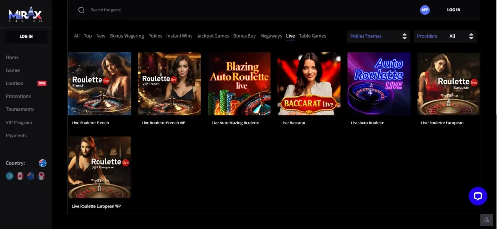 Current Mirax live casino lobby with dealer-led table tiles