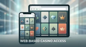 Editorial illustration of a smartphone showing a generic casino game grid without Mirax branding or a fake native app interface