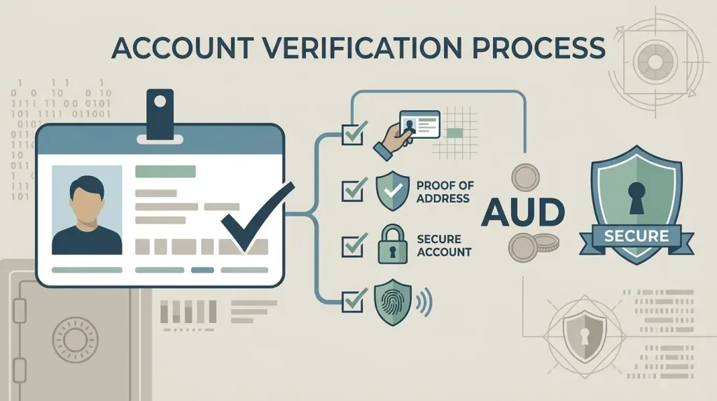 Editorial illustration of identity verification, proof of address and secure account setup in an Australian-dollar context