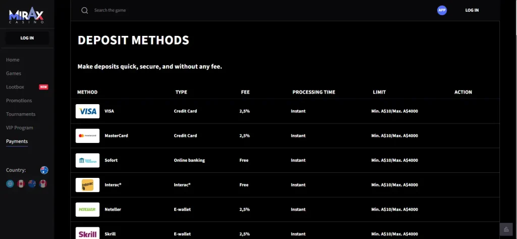 Real Mirax payments page showing the official deposit and withdrawal method table