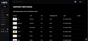 Real Mirax payments page showing the official deposit and withdrawal method table